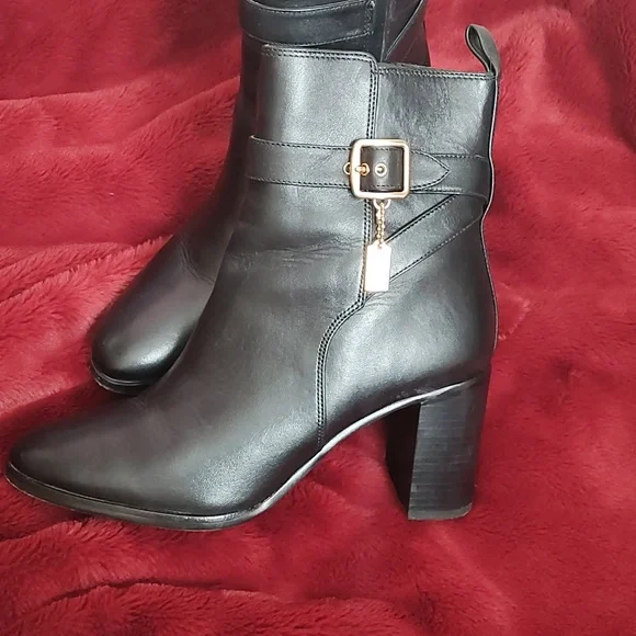 Coach Black Ankle Boots with Gold Buckle - Picture 4 of 5